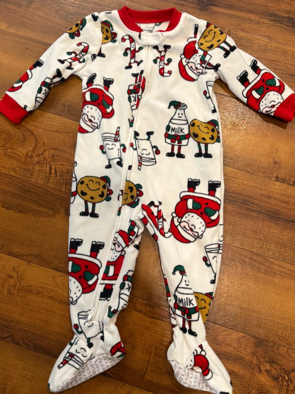 Carter's White Red Holiday Milk & Cookie Fleece Footed zip up sleeper 12 mo NWOT
